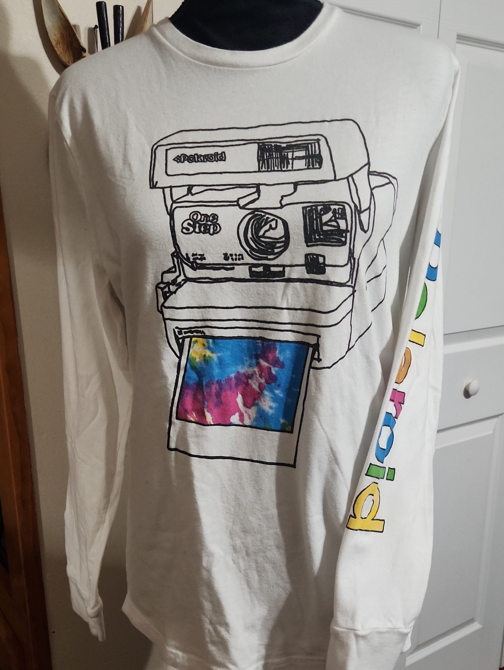 Hollister White Long-Sleeve Tee with Colorful Polaroid Graphic